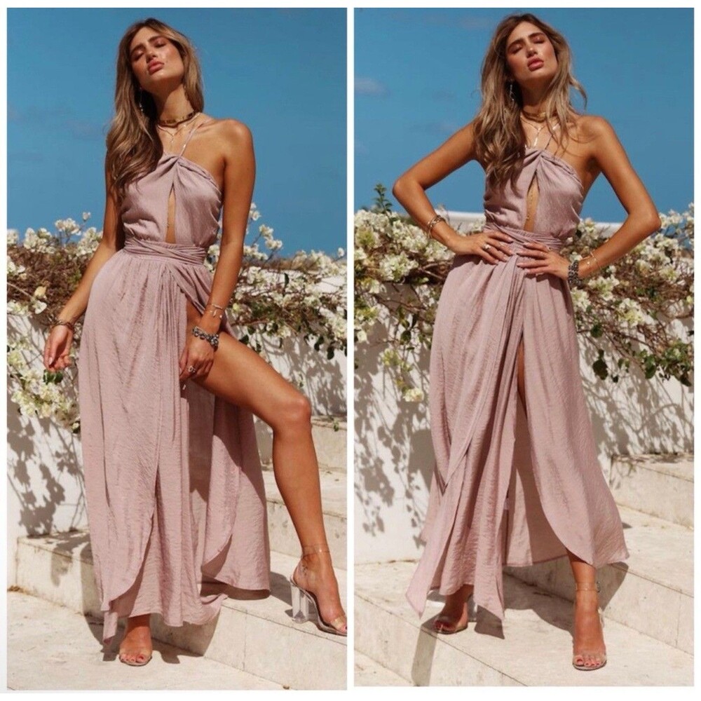 Hello Molly Stop Motion Halter Maxi Dress Size S Mocha NWT Boho Resort Vacation